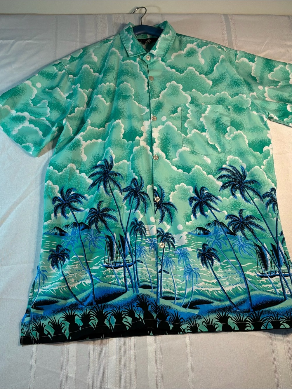 Men's XL Vtg Aloha Border Print Hawaiian Sailboats Palms 100% Rayon Shirt  Teal